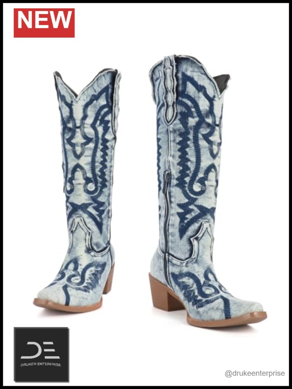 Knee High Denim Embroidered Cowboy Boots Chunky Heel Pointed Toe Vintage - Picture 5 of 6